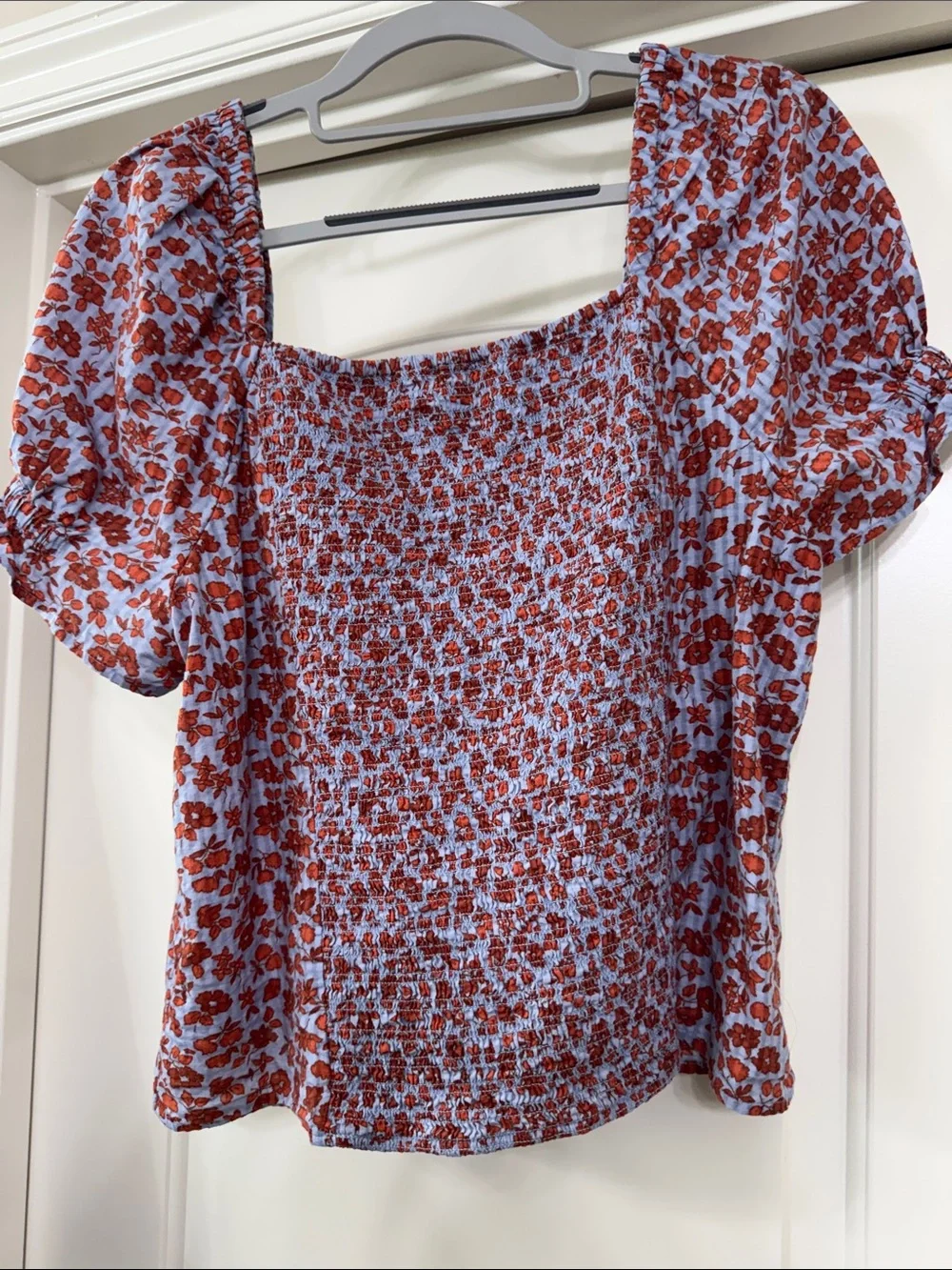 Madewell Light Blue Top with Red Floral Print and Puff Sleeves